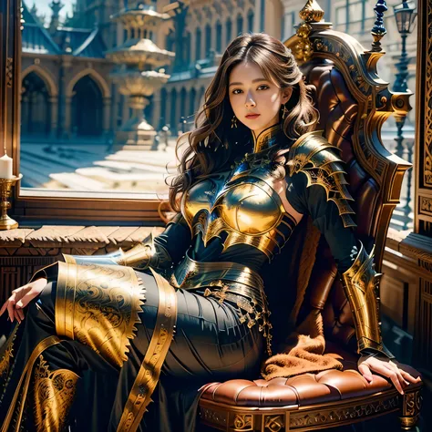 Busty brunette, knight in intricate armor, masterpiece, best quality, realistic, hyperrealistic, 16k hdr, photorealistic, cinematic, medieval scene, knights throne view, 25yo, voluptuous woman,(brown hair, cascading curls:1.3),brown leather armor,enhanced ...