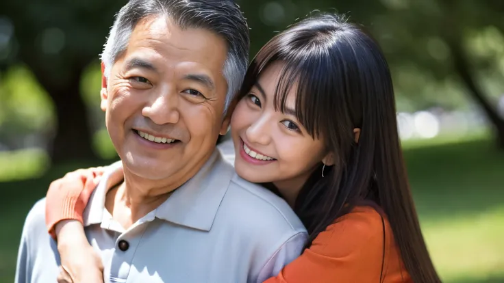 A 60-year-old Japanese man and two 30-year-old Japanese women, Age difference, Age difference, 60-year-old man, smile, standing hug, セクシーなYoung girl 30, Small and sexy size, Long black hairstyle, Embarrassed and blushing face, Gray-haired old man, Young gi...