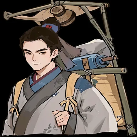 Cartoon image of man carrying backpack and satchel, Shikanosuke Yagaki, Since the Warring States Period, Kenji Tsuruta, inspired by Cao Zhibai, heise jinyao, Goto Koharu, Inspired by Toshusai Sharaku, Inspired by Zhou Wentianchong, Inspired by Dong Yuan