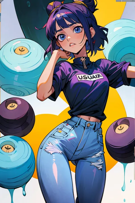 (Hinata Hyuga, muito sensual, com roupas apertadas, bunda grande, pernas grossas, Wearing extremely tight jeans, usando uma mini blusa, umbigo com pirsing, cabelo grande, Speaker behind, muito realista, extremamente sexy, 8k, 8k extremamente detalhado), (u...