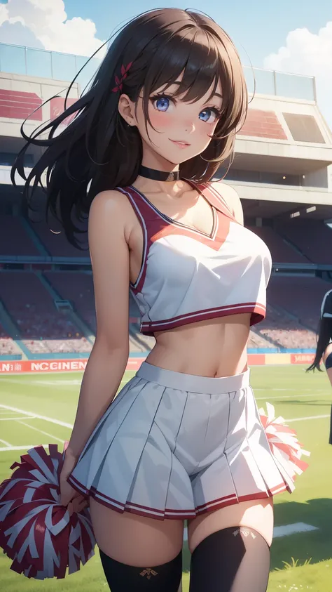 1girls, highly detailed, best quality, illustration, game cg, perfect anatomy, beautiful cute face girl, beautiful dark hair, beautiful detailed eyes, choker, (cheerleader), midriff, school field, natural lighting, aichan, white thigh highs, collarbone, sl...