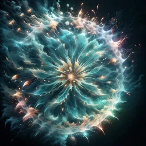 Blend fantasy and reality as 3D fireworks merge with ethereal fractal creatures, symbolizing the sea, illuminating the depths of a luminescent lagoon, their otherworldly glow casting a spellbinding aura over the mystical waters.