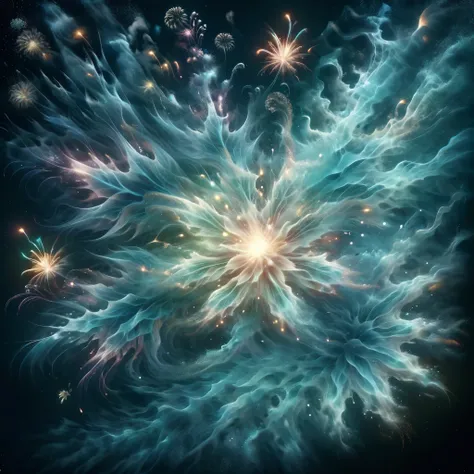 Blend fantasy and reality as 3D fireworks merge with ethereal fractal creatures, symbolizing the sea, illuminating the depths of a luminescent lagoon, their otherworldly glow casting a spellbinding aura over the mystical waters.