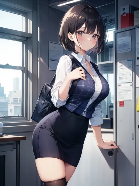 highest quality, Flying debris、Beautiful woman、officeレディー、Black Hair、(Brown eyes、Big Breasts)、short hair、チェック柄のダークブルーのofficeスーツ)、new employee,Full Body Shot、Female office lady、break(Dark blue checked vest、White dress shirt、Navy blue long tight pencil skirt...