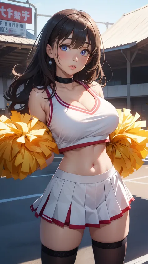 1girls, highly detailed, best quality, illustration, game cg, perfect anatomy, beautiful cute face girl, beautiful dark hair, beautiful detailed eyes, choker, (cheerleader), midriff, school field, natural lighting, aichan, white thigh highs, collarbone, sl...