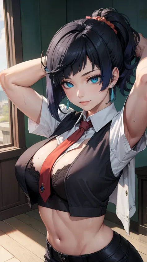 crop top, (gradient hair), black hair, blue hair, short hair, blue eyes, yelendef
BREAK (brown vest, shirt, hair ornament, , white shirt, ponytail, short sleeves, necktie, scrunchie, red necktie:1.2),
BREAK curvy body, facing viewer, sweaty, gorgeous, arms...