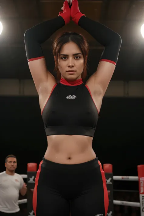 Looks like Anushka Shetty,slightly chubby,wearing black boxing gloves,black boxing gloves,boxing ring,sweaty,tired,exhausted,arms raised,both arms up,boxing gloves on both hands, intricate details, red outfit,(ArtStation:1.2),armpits,sweat,sweaty,sweaty ar...