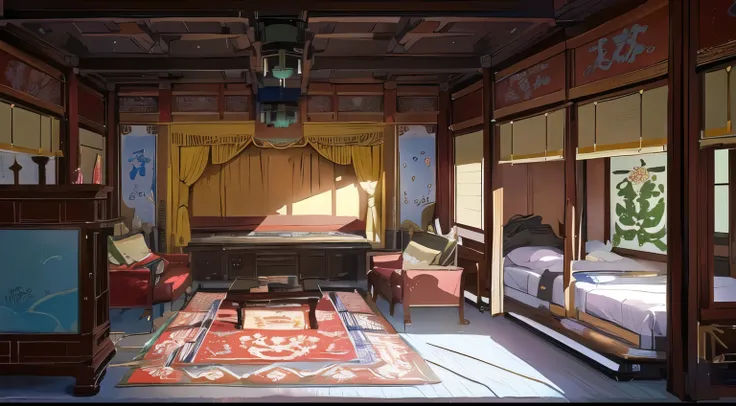 There is a room with a bed, A sofa, A carpet and a painting, Relaxation concept art, Anime landscape concept art, interior background technology, Madhouse Studios Anime Style, anime background technology, Personal room background, Studio Ghibli bedroom, Be...