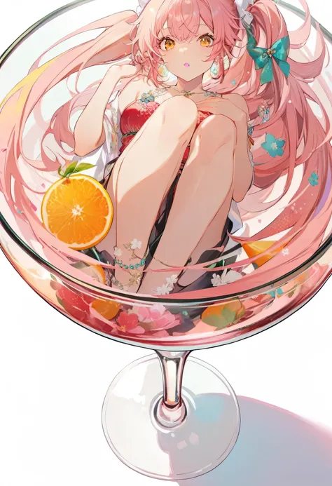 1 Girl, In a container,  cocktail glass,  whole body,close_up