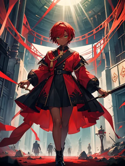 highest quality, all limbs, full finger, 1boy, red hair, handsome boy, green eyes, red idol costume, ((dress)), ((dark skin)), short hair, ((black skirt))