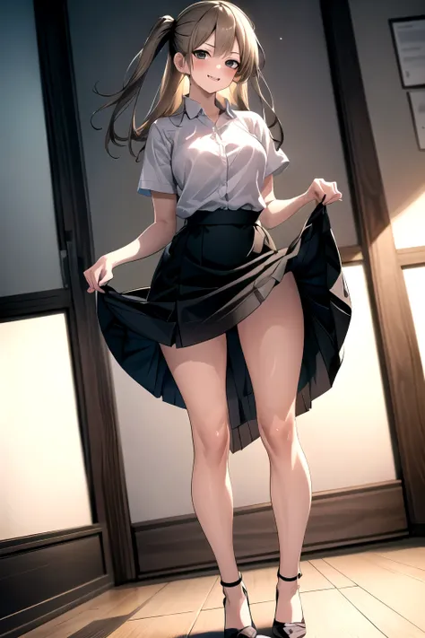 ((masterpiece)), (best quality), official art, extremely detailed CG, unity 8k wallpaper, ultra detailed,
machida, happy, (skirt lift:1.5), 
office lady, white shirt, pencil skirt, miniskirt, high heels, 
8k-perfect-arnold