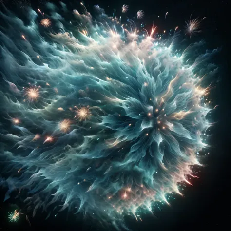 Blend fantasy and reality as 3D fireworks merge with ethereal fractal creatures, symbolizing the sea, their mystical merger creating a mesmerizing spectacle that blurs the line between the tangible and the transcendent.