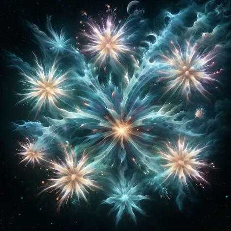 Blend fantasy and reality as 3D fireworks merge with ethereal fractal creatures, symbolizing the sea, their mystical merger creating a mesmerizing spectacle that blurs the line between the tangible and the transcendent.