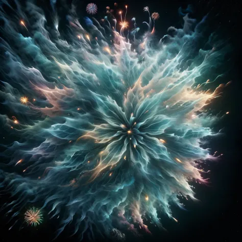 Blend fantasy and reality as 3D fireworks merge with ethereal fractal creatures, symbolizing the sea, their mystical merger creating a mesmerizing spectacle that blurs the line between the tangible and the transcendent.