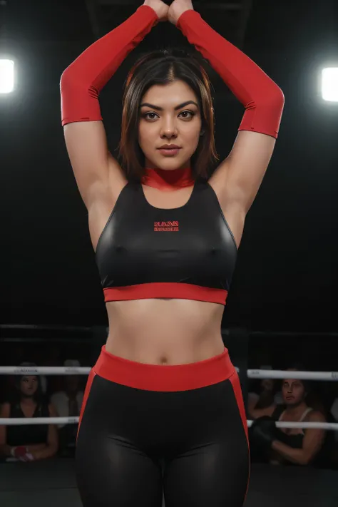 Looks like Kajal Aggarwal,slightly chubby,wearing black boxing gloves,black boxing gloves,boxing ring,sweaty,tired,exhausted,arms raised,both arms up,boxing gloves on both hands, intricate details, red outfit,(ArtStation:1.2),armpits,sweat,sweaty,sweaty ar...