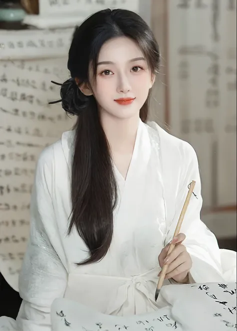 masterpiece, best quality, Girl wearing white Hanfu，Black Hair，Long flowing hair，Long and straight hair，pretty girl，A woman in white ancient costume is writing on paper with a brush, Girl wearing Hanfu, Hanfu，Wear Chinese clothes, Wear Chinese clothing, Ch...