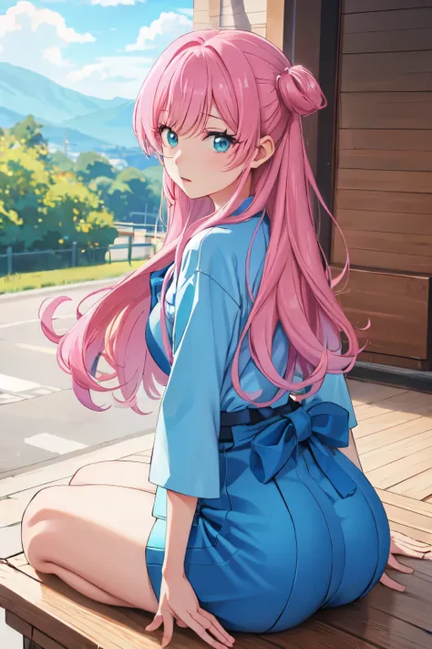 akari watanabe, long hair, solo, perfect anatomy,  pink hair, blue eyes, looking at viewer, round ass, thicc thighs, 1girl, sitt...