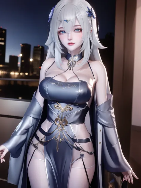 1girl,cityscape, night, looking at viewer, mature female, ishierDDDi,cowboy shot, white hair,