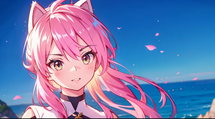 an anime girl with cat ears. fake cat ears, und die katzenohren sind goldend umrandet auf dem kopf, lange pinke haare, sehr lang...