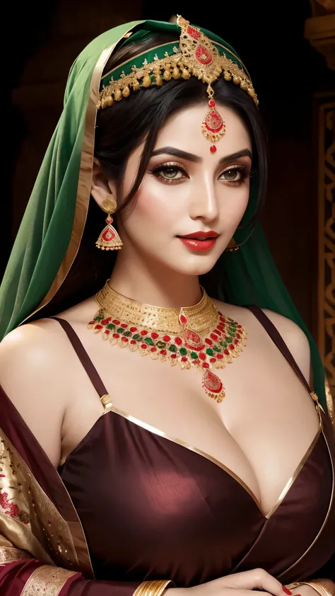 hot arabic mature queen,her hair is long, dark, and lustrous, partially visible beneath the elegantly draped dupatta that adorns...