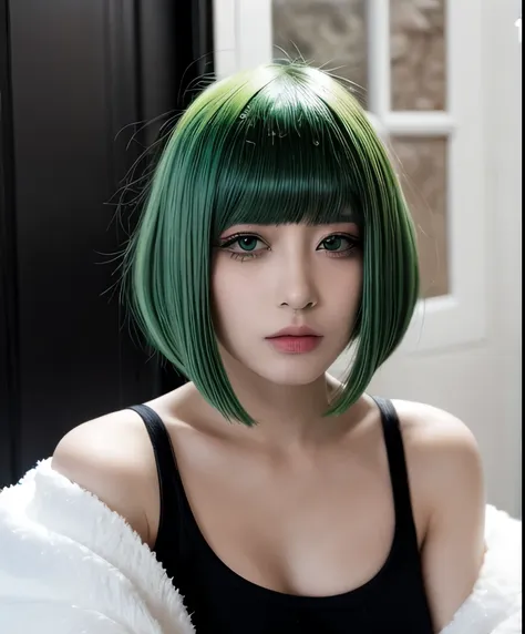 bce, 1girl, green hair, black eyes, bobcut