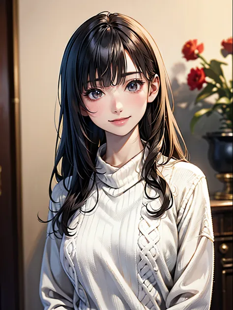 1 Japanese girl,(White sweater:1.4), (RAW Photos, highest quality), (Realistic, Realistic:1.4), Tabletop, Very delicate and beautiful, Very detailed, 8k wallpaper, wonderful, In detail, Very detailedなCG Unity, High resolution, Soft Light, Beautiful details...