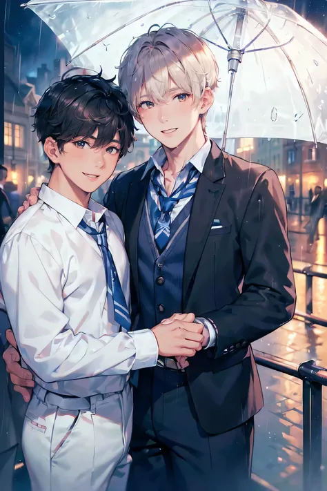 ((Masterpiece, Super Hi-Res, Highly Detailed, 8k)), ((2 boys: 1.5)), Rainy cityscape, a shared umbrella, Scandinavian, about 20, handsome, short hair, ((British public school student style attire, no tie, makes viewer smile : 1.2)), twink, manly face, skin...