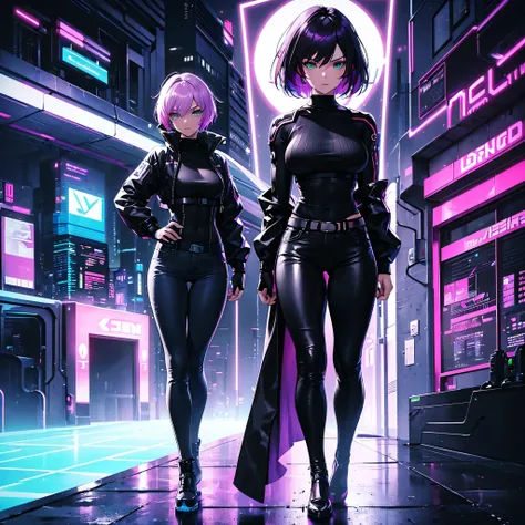 Futuristic, cyberpunk, neon lights, Mature, long redhead woman with green eyes, sexy, defined abs, tight black sweater, white jacket, tight jeans, high quality, masterpiece. Another woman, short purple hair, gray eyes, tan skin, tight clothing