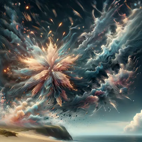 Blend fantasy and reality as 3D fireworks merge with ethereal fractal creatures, symbolizing the sea, their transcendent tide washing over the senses, transporting the viewer to a realm where the boundaries of reality are fluid and ever-changing.