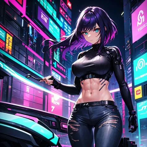 Futuristic, cyberpunk, neon lights, Mature, long redhead woman with green eyes, sexy, defined abs, tight black sweater, tight jeans. Another woman, short purple hair, gray eyes, tan skin, tight clothing