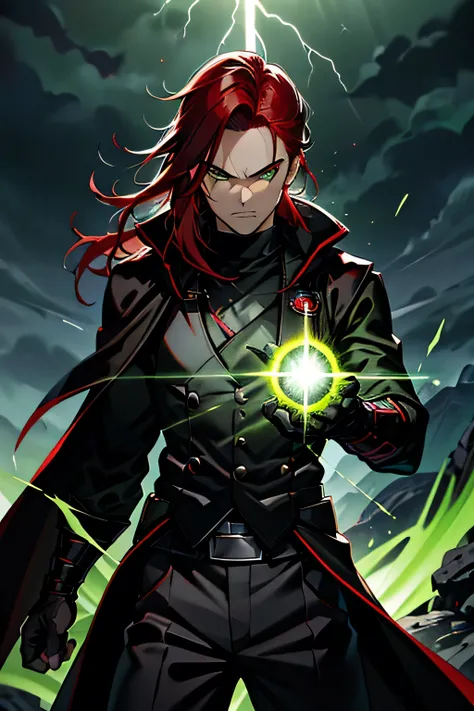 Male ninja, man, highly detailed, masterpiece, best quality, correct hands, long red hair, long hair, red hair, green eyes, bright green eyes, ((black pants, black cloak, black shirt, black vest, green accents)) smug look, mountain background, storm, light...