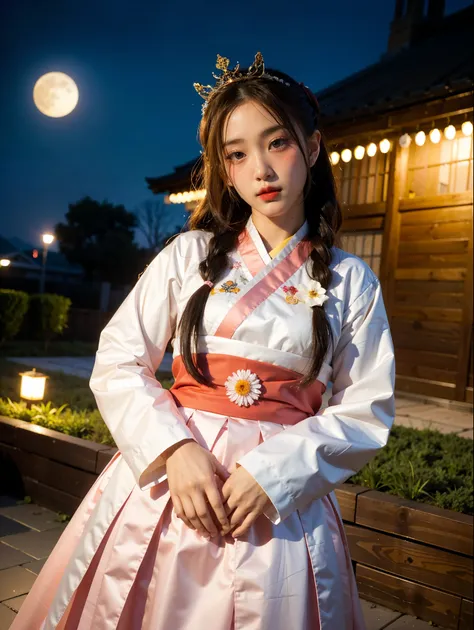 best quality, high_resolution, distinct_image, detailed background ,girl, hanbok,flower,garden,moon, night,dutch angle, wide shot, crown, 