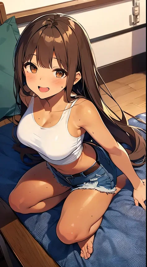 highest quality、Elementary school student bra、Beige shorts、Cute appearance、Stretch your legs in the room、Armpit sweat、Grass、Ecstasy face,(Attractive person)， (girl１name)， (Highly detailed face, smile) ,, (日本のgirl), Slightly round face, (Tan brown face:1.6)...