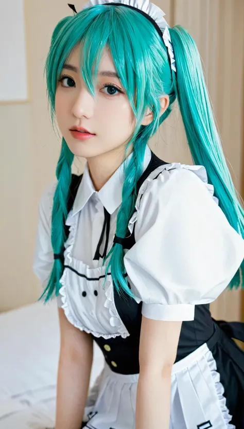 (((maid uniform)))), (((Large target)))), Drunk Eyes, Hatsune Miku,