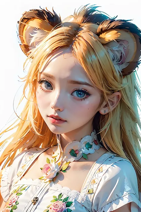 ((white background)), ((clipart )), ((sticker)), (((lion ear)), watercolor beautiful wild rose fantasy art, perfect eyes with beautiful face and flowers, angel wings, chibi cute animation style, vivid vivid colors, intricate details, hyper detail, hyper qu...