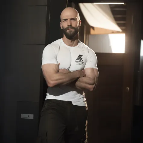 tall bald handsome man with beard, daddy, dark tattoos, lean fit body, soccer shirt, 30yo, dynamic lighting, lean body, loose ca...