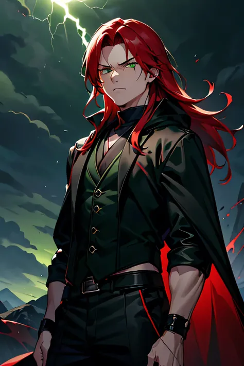 Male ninja, man, highly detailed, masterpiece, best quality, correct hands, long red hair, long hair, red hair, green eyes, bright green eyes, ((black pants, black and green cloak, black shirt, black vest, green accents)) smug look, mountain background, st...