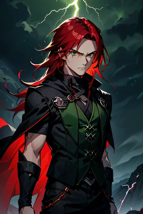 Male ninja, man, highly detailed, masterpiece, best quality, correct hands, long red hair, long hair, red hair, green eyes, bright green eyes, ((black pants, black and green cloak, black shirt, black vest, green accents)) smug look, mountain background, st...