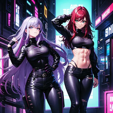 (Two woman) Futuristic, cyberpunk, neon lights, Mature, long hair, redhead woman with green eyes, sexy, defined abs, tight black sweater, tight jeans. Another woman, short purple hair, gray eyes, tan skin, tight clothing