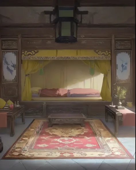 There was a room，There is a bed and a table inside, Relaxation concept art, Beautiful rendering of the Tang Dynasty, interior background technology, Personal room background, background technology, anime background technology, Studio Ghibli bedroom, Anime ...