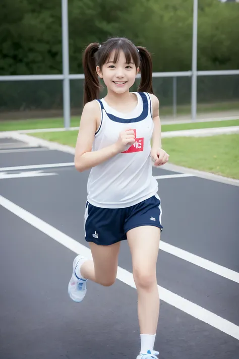 (ultra best quality、8K、masuter piece、delicate illustration、full body Esbian)、Very cute Japan girl about 10 years old、 body type, （Gym clothes 1.3）、huge smile、black twin-tails、run in the schoolyard