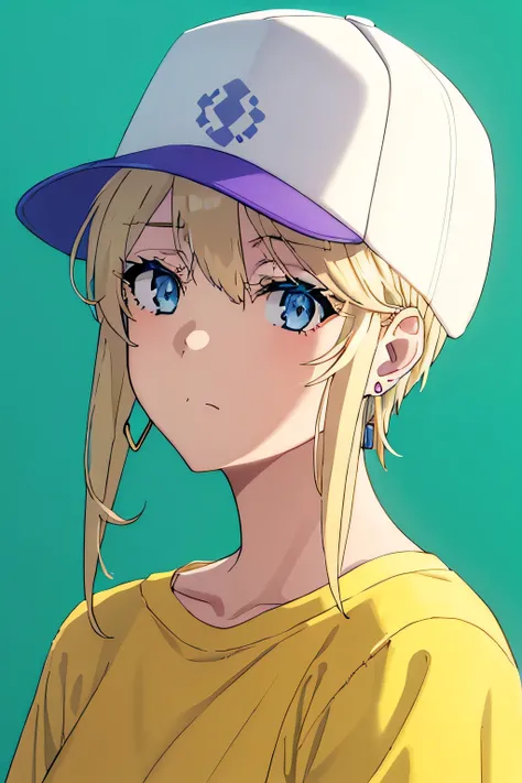 violet evergarden masterpiece, best quality, 1girl, aqua eyes, baseball cap, blonde hair, closed mouth, earrings, green background, hat, hoop earrings, jewelry, looking at viewer, shirt, short hair, simple background, solo, upper body, yellow shirt