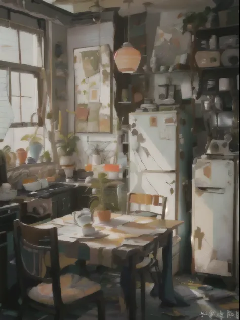 there is a table with a potted plant on it In the kitchen里, In a messy kitchen, Retro aesthetics, old kitchen backdrop, Country style hippie, Apartments for art students, House kitchen on a sunny day, 1970s kitchen, Messy minimalist interior, Old apartment...