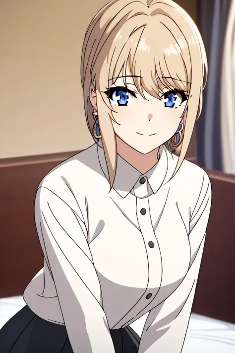 violet evergarden masterpiece, best quality, 1girl, blue eyes, smile, earrings, brown hair, hoop earrings, jewelry, looking at viewer, simple shirt, short hair, at the bed room, solo, upper body, black skirt