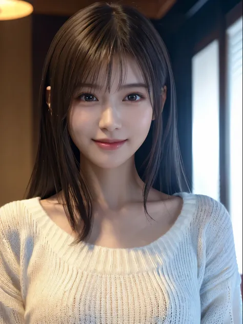 1 Japanese girl,(White sweater:1.4), (RAW Photos, highest quality), (Realistic, Realistic:1.4), Tabletop, Very delicate and beautiful, Very detailed, 8k wallpaper, wonderful, In detail, Very detailedなCG Unity, High resolution, Soft Light, Beautiful details...