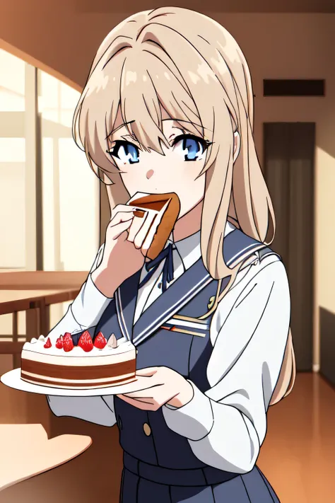 violet evergarden masterpiece, best quality, 1girl, blue eyes, solo, smile to viewers, eating, cake, uniform school, chines unif...