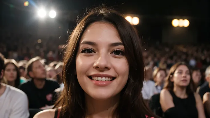 a cinematic close-up shot of a beautiful woman at a concert. She looks very happy and enjoying the concert. 