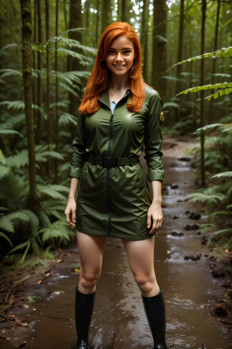 Ginger thief wet in the forest, gazing pleased into the camera, full body shot face to knee