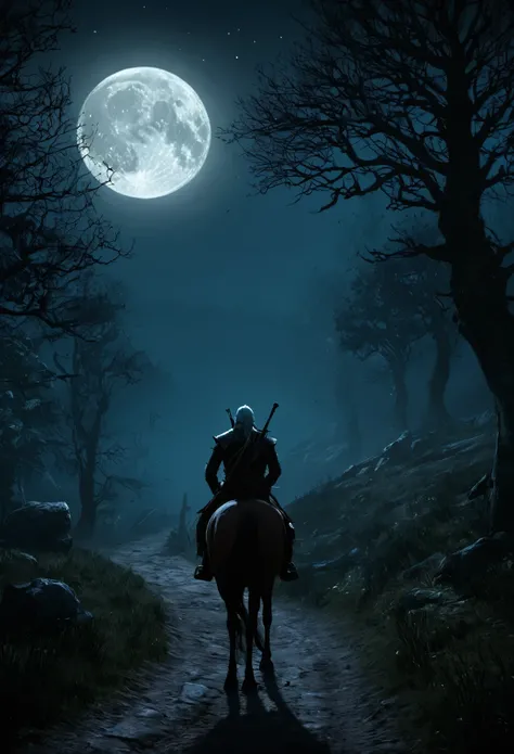 In the tranquil moonlit night, a lone Witcher rides through the ancient forests of the Continent. His silhouette is stark against the silver glow of the full moon, his form outlined by the ethereal light. The dense woods whisper ancient secrets as his hors...