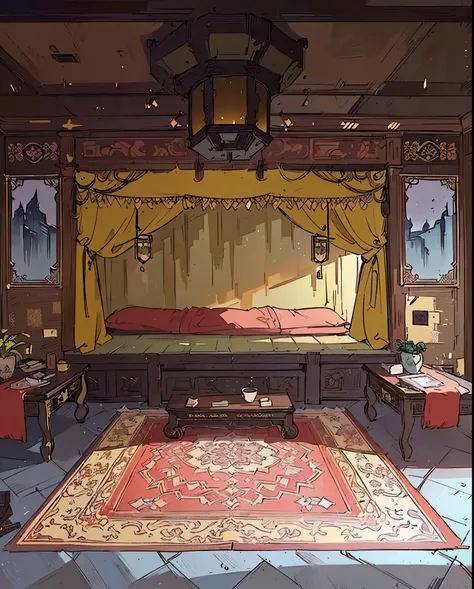 There was a room，There is a bed and a table inside, Relaxation concept art, Beautiful rendering of the Tang Dynasty, interior background technology, Personal room background, background technology, anime background technology, Studio Ghibli bedroom, Anime ...